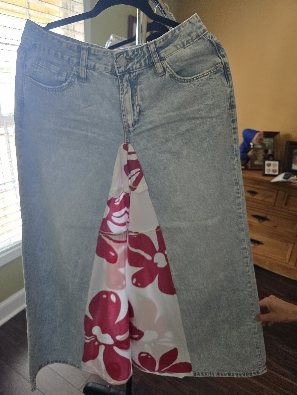 Light Wash Women's Jean Maxi Skirt with Pink Floral Panel